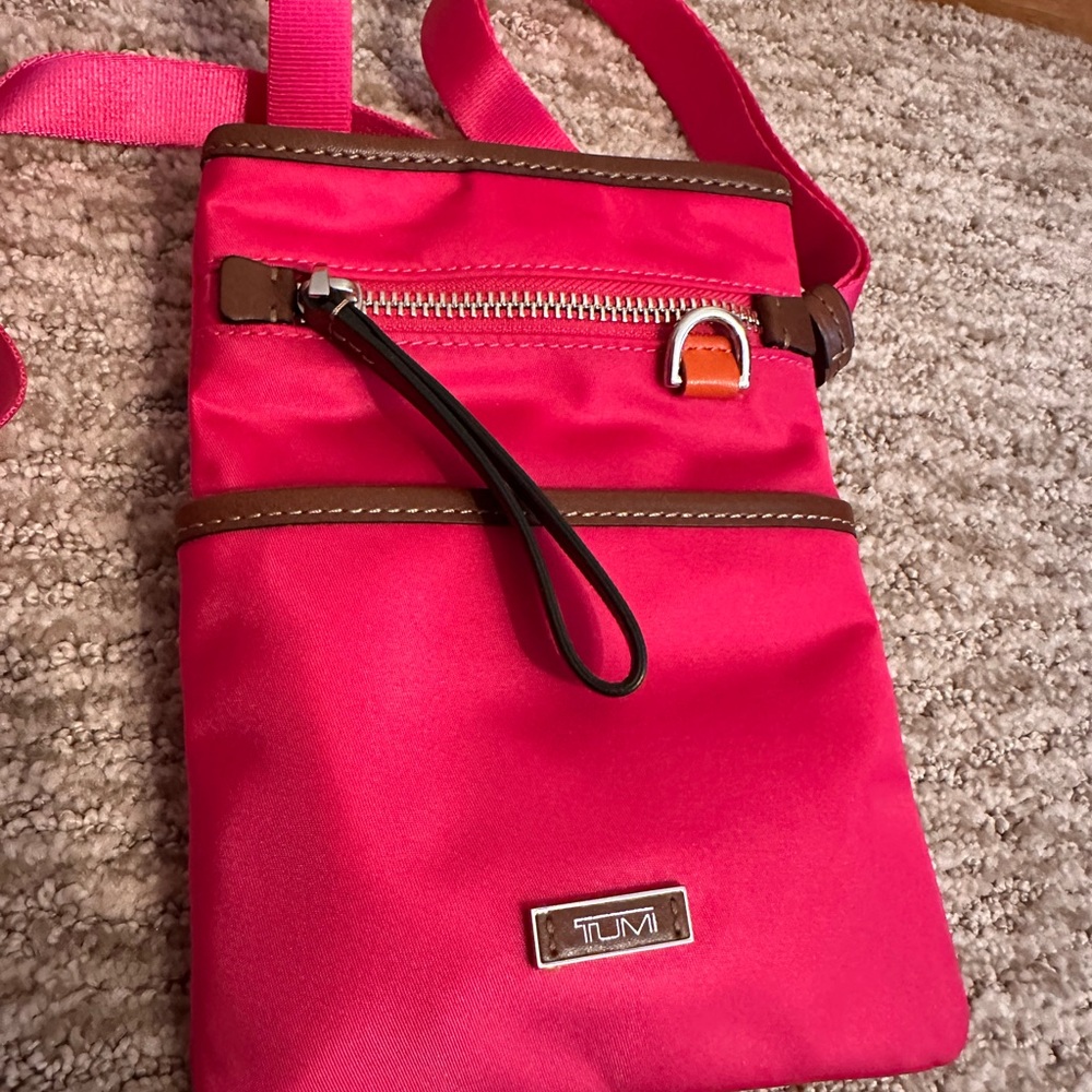 Tumi Hot Pink Crossbody Pouch with Brown Trim